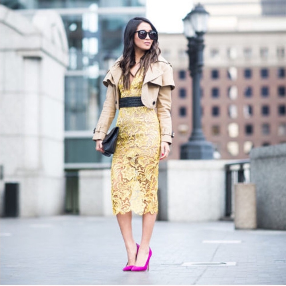 Yellow lace midi dress